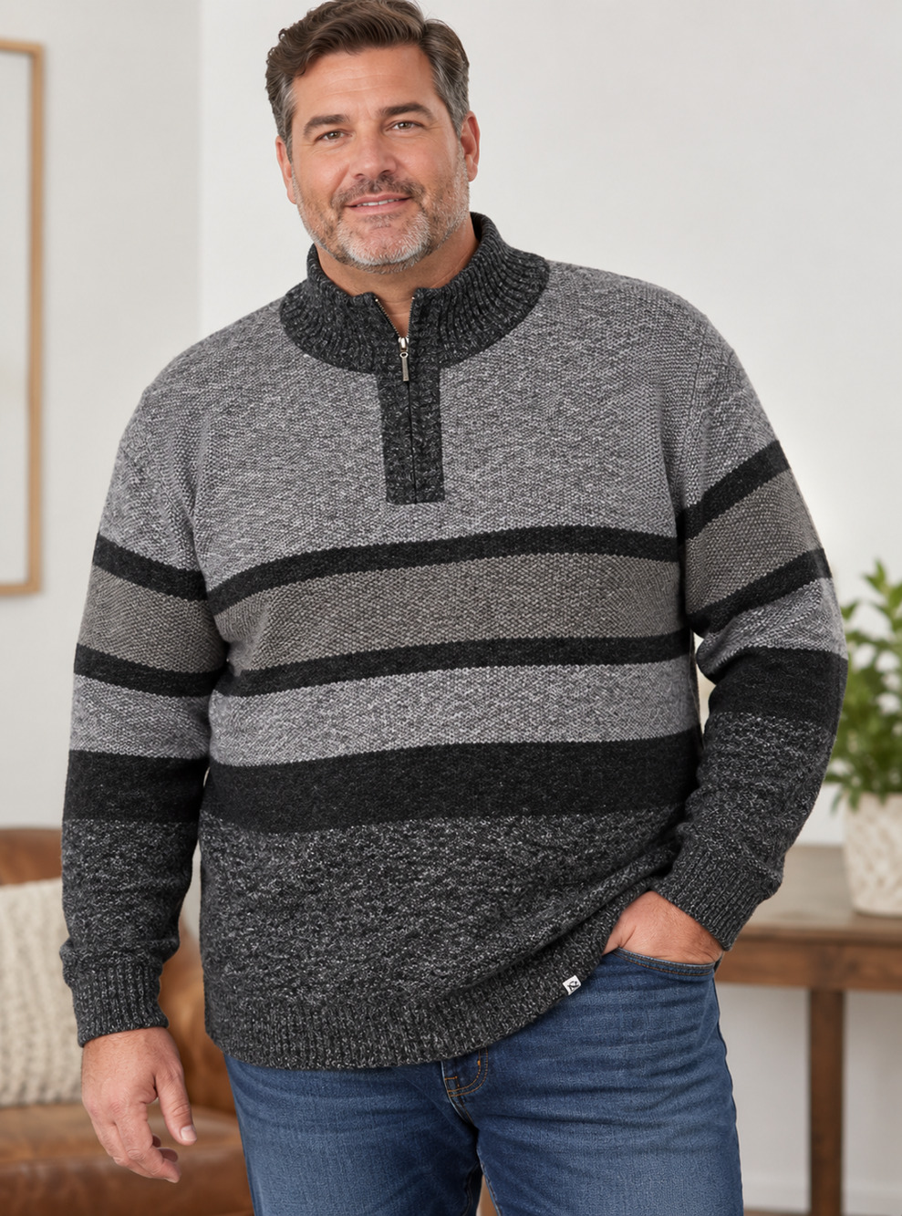 Silversilk Mens 3X Gray Black Colorblock Quarter Zip Pullover Sweater 3XL Preppy